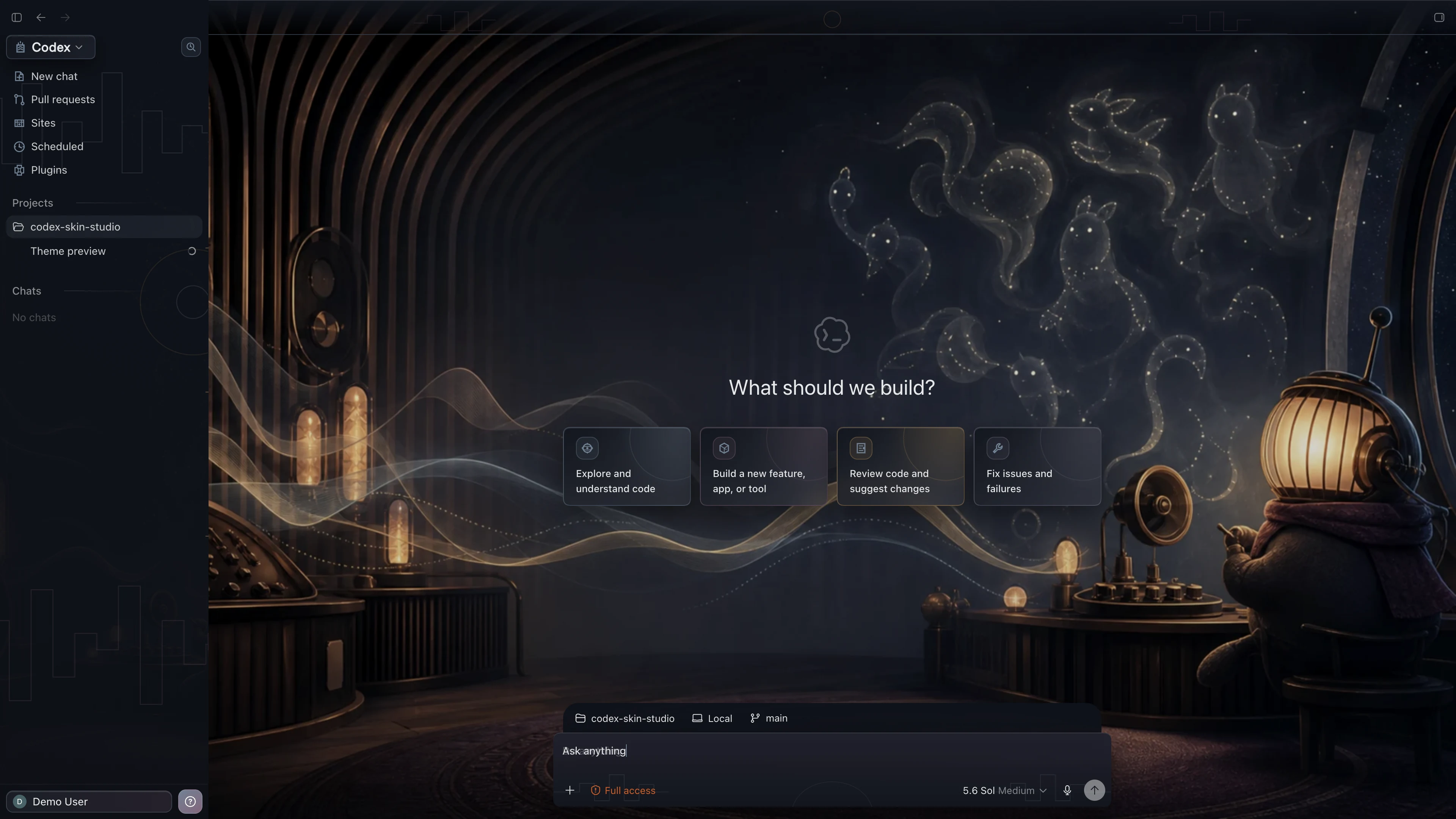 Midnight Folklore Radio theme shown in the Codex New Task interface