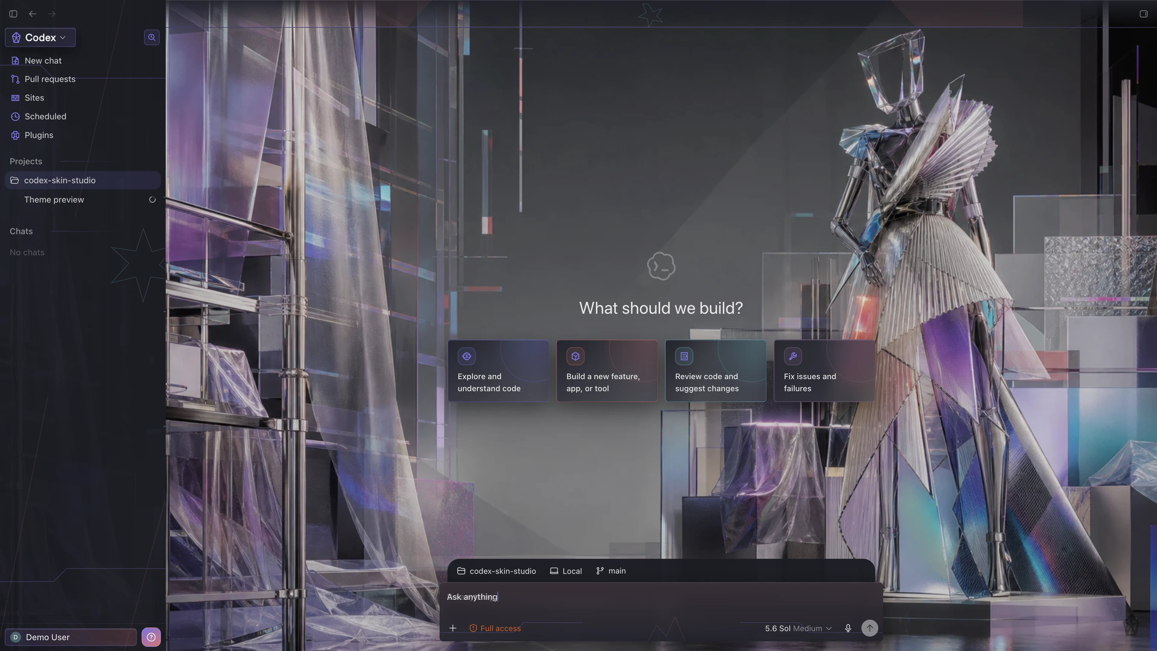 Prism Error theme shown in the Codex New Task interface