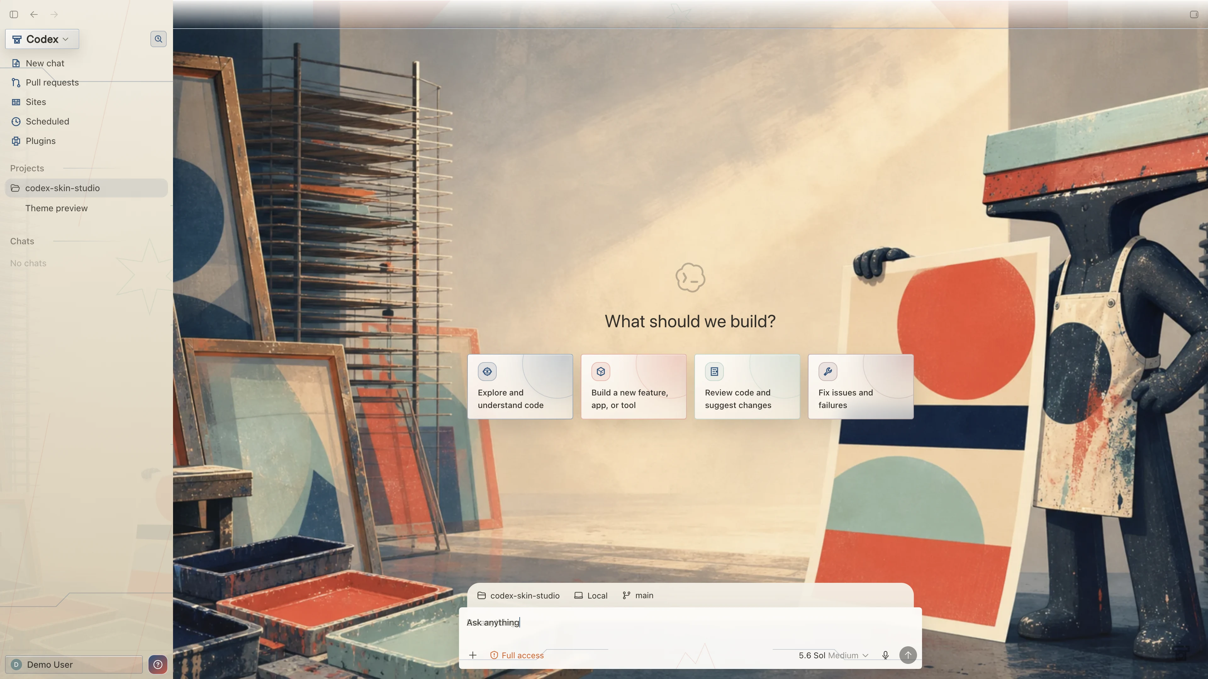 Screenprint Club theme shown in the Codex New Task interface